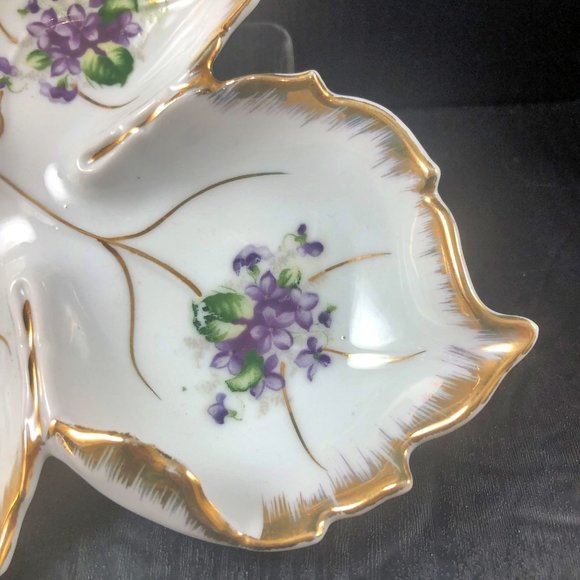 NAPCO Candy Nut Nappy Dish Violets Porcelain Trimmed in Gold Gilded MCM - Picture 4 of 7